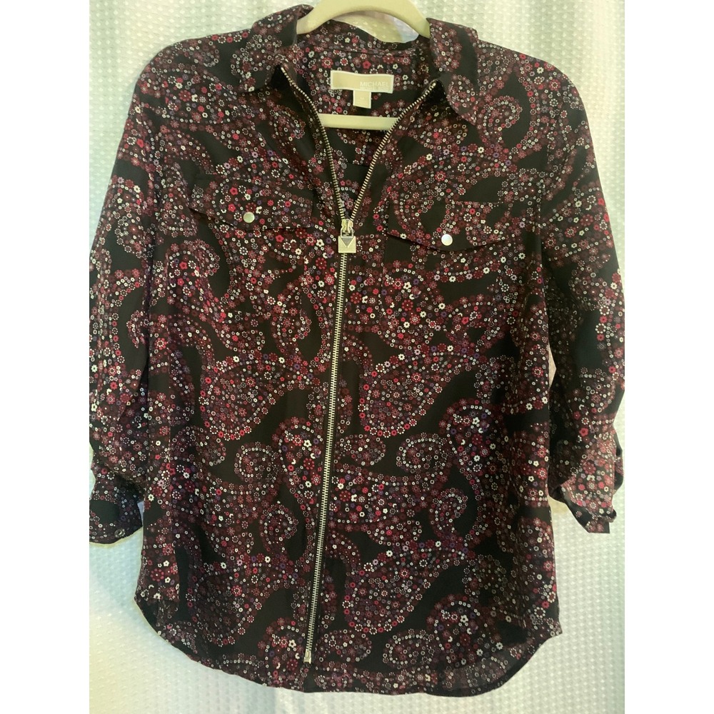 Michael Kors Womens Black Floral Paisley Zip Front Roll Tab Sleeve Blouse Size M